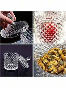 1 hũ thủy tinh pha lê sang trọng có nắp khắc họa tiết kim cương - Không chứa chì, thích hợp đựng đường, đồ ăn nhẹ, v.v. - Lý tưởng để trang trí nhà bếp, phòng khách, phòng ngủ. - Màu trong suốt - Xem 4