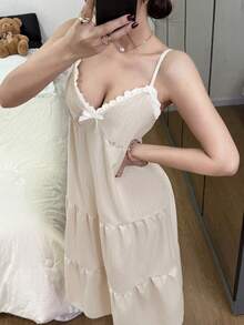 SHEIN Women's Lace Trim V-Neck Camisole Nightgown - Baby Pink - View 6