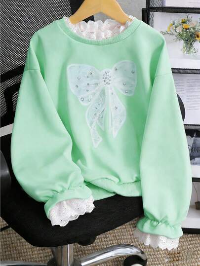 SHEIN Genkimix Kids Girls' Casual Korean Style Lace Patchwork Sweatshirt With Embroidered Lace Collar And Flared Lace Cuffs, Suitable For Outings, School, And Commuting