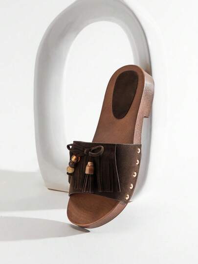 Solezae Women's Tassel & Beaded Decor Velvet Brown Slide Clogs With Faux-Wood Platform – Soft, Stylish & Easy To Wear