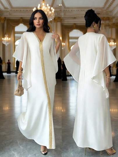 Rafferiza 优雅V领金色丝带拼接超大荷叶边袖口H字连衣裙，薄纱袖口，杏色，女士春夏款