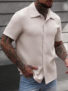 Manfinity CasualCool Áo sơ mi nam tay ngắn màu trơn, kiểu dáng thường ngày, thích hợp cho mùa hè. - Màu be - Xem 3