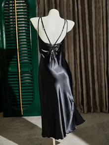 SHEIN Backside Embroidered Butterfly Hollow-Out Faux Silk Sexy Nightgown - Black - View 7