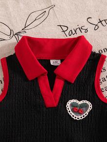 SHEIN Ensemble 2 pièces pour bébé fille, Top en tricot texturé abricot avec col et patchwork en forme de cœur, et jupe-short en jean avec ourlet vague et broderie cerise vintage. Robe cerise pour bébé fille, vêtements d'école. Jupe en jean, jupe en jean cerise pour bébé fille - Multicolore - Voir 7