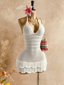 Soleia Women's Vacation Gradient Knit Deep V Neck Backless Sexy Bodycon Mini Dress With Ruffle Hem, Fashion For Party, Date, Afternoon Tea, Boho Beach - White - View 3