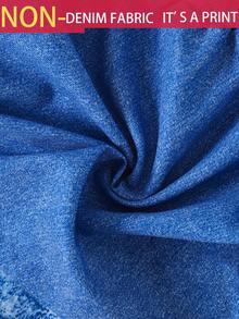 SHEIN 1件女婴翻领纽扣无袖牛仔印花卡通动物图案可爱时尚百搭复古浅蓝色休闲连衣裙，带假口袋，夏季新品 - 淺色水洗藍 - 查看 10