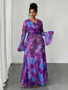 Maweii Plus Size Women's Sexy Semi-Sheer Extra Long Digital Split Ruched Oblique Shoulder Long Sleeve Dress, Spring/Autumn/Winter - Multicolor - View 6