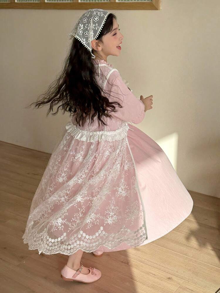 2pcs/Set Tween Girls' Solid Color Frill Trim Round Neck Puff Sleeve Dress & Lace Frill Trim Pinafore Dress Set Summer