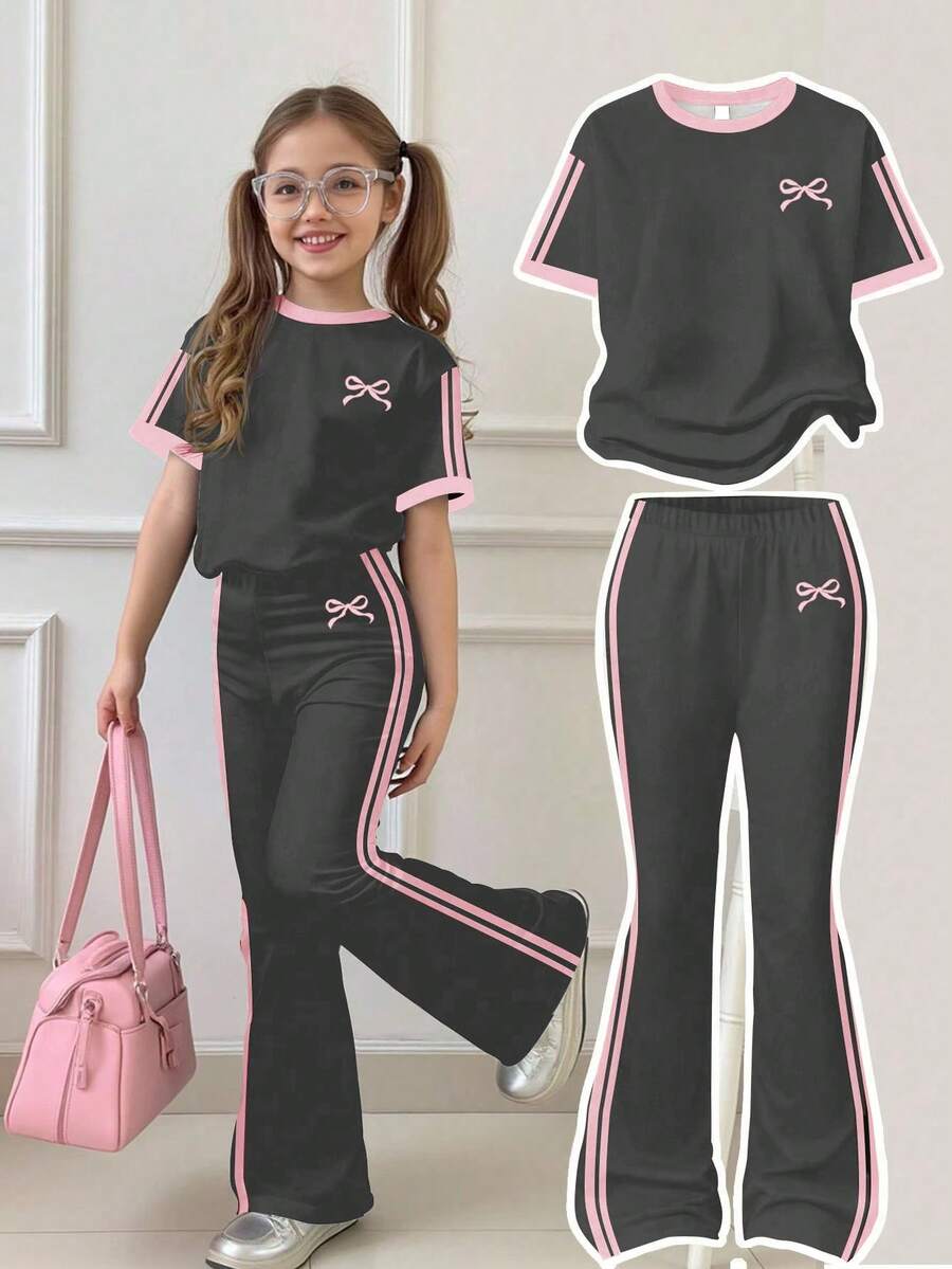 SHEIN Girlism 复古运动条纹套装，迷你蝴蝶结装饰，少女休闲简约黑白条纹宽松圆领短袖T恤和喇叭裤两件套，适合夏季穿着 - 白色 - 查看 1