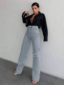 EURMUSE Women's Casual Fashion Street Chic High Waist Ripped Straight Leg Jeans, Suitable For Daily Commute - Baby Blue - View 3