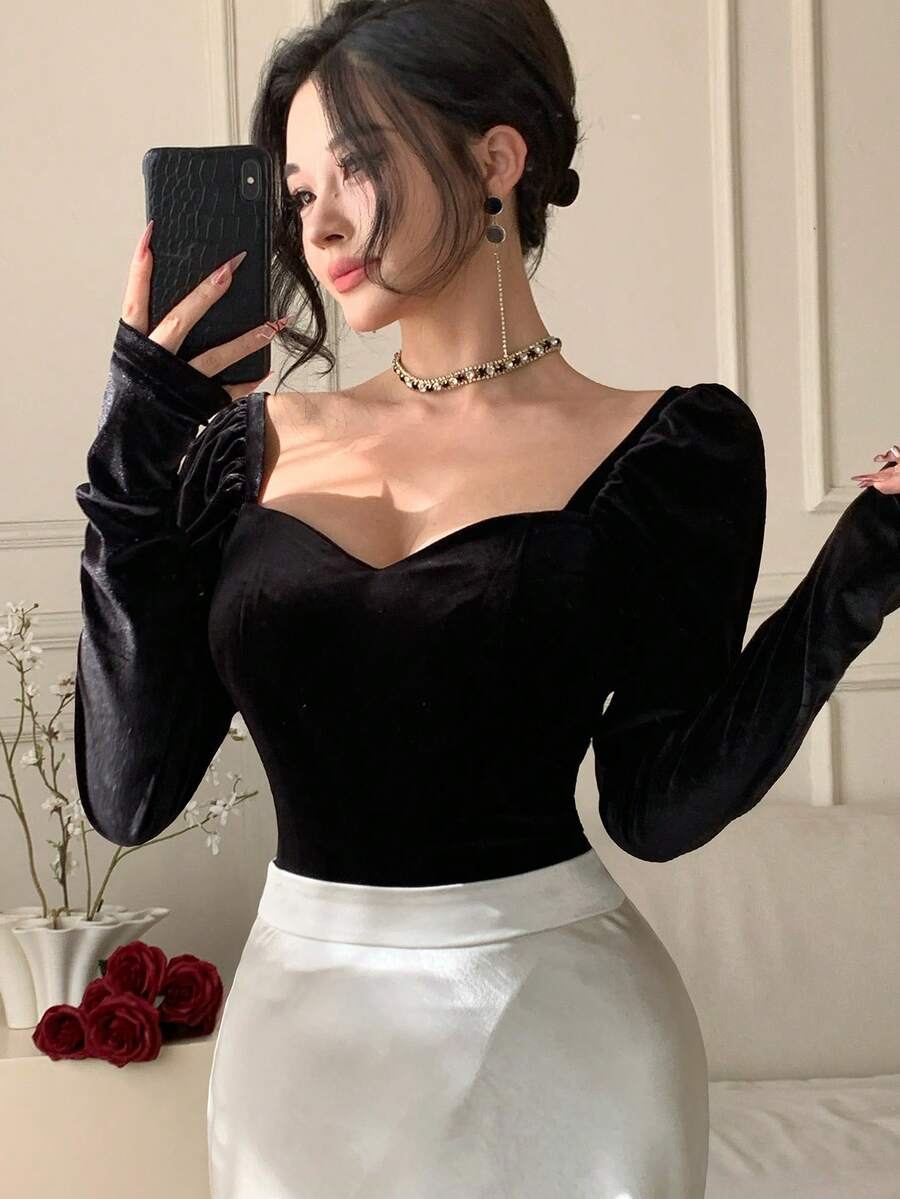 DAZY 女款純色甜心領泡泡袖修身優雅長袖襯衫 - 黑色 - 查看 1