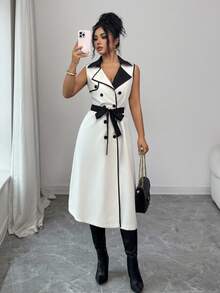 SHEIN Elenzya Women's Contrast Collar Design Double-Breasted Cinched Waist Waist Elegant Casual Commute Fashion French Versatile Holiday Business Sleeveless Trench Coat, Beige/Apricot, Early Spring/Spring & Summer - Multicolor - View 3