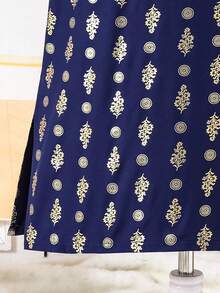 SHEIN Tween BoyMiddle Eastern Inspired Golden Foil Floral Patterned Fancy Shirt - Navy Blue - View 6