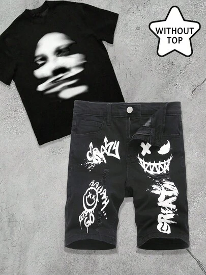 Little Byeori 青少年男孩时尚休闲 Y2K 复古酷炫街头涂鸦图案黑色牛仔破洞弹力紧身短裤，适合儿童日常穿着，也适合春夏派对、音乐节和街头服饰。