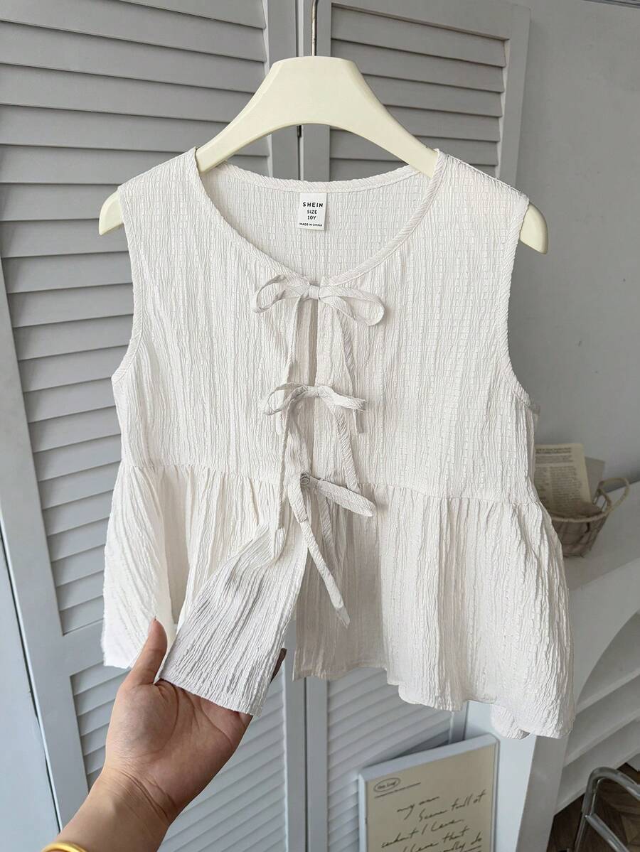 SHEIN 少女休闲日常度假纹理蝴蝶结露脐上衣，米白色镂空上衣，少女夏季上衣，少女夏季衬衫 - 杏色 - 查看 1
