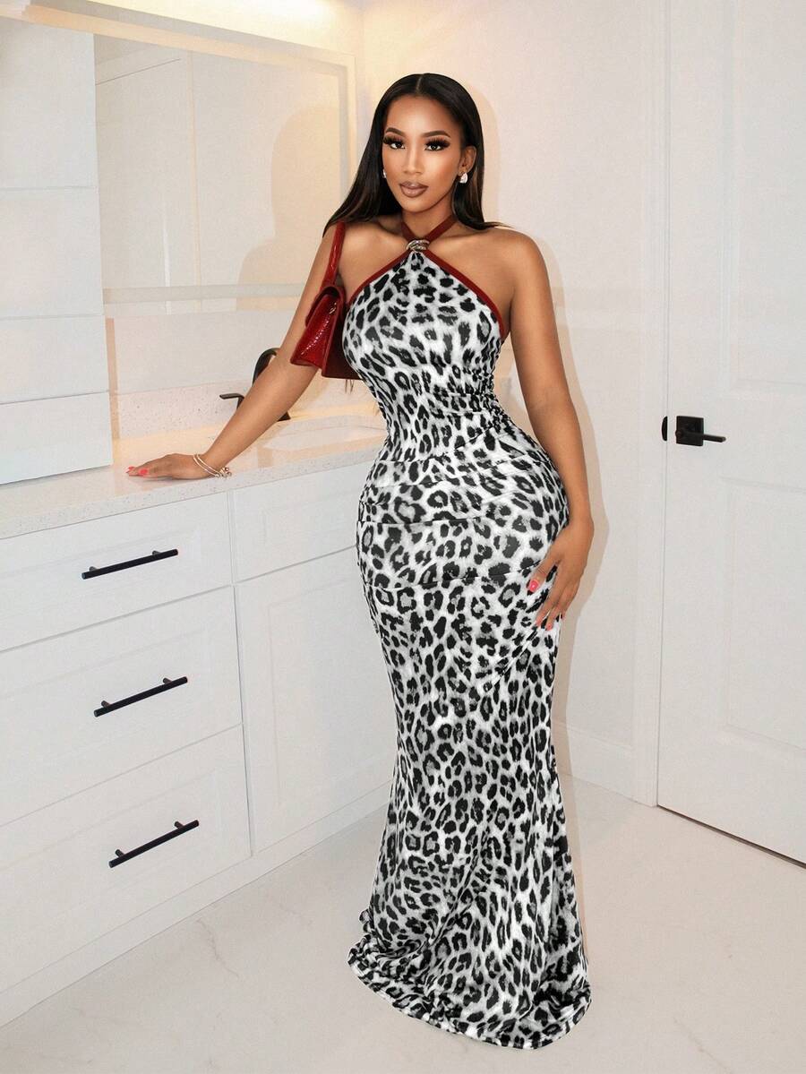 BamGleam Autumn/Winter Leopard Print Pattern Color Block Metal Buckle Halter Neck Women Dress - Black and White - View 1