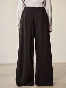 MOTF PREMIUM PLUS SIZE SOLID HIGH WAIST SLANT POCKET FOLD PLEATED WIDE LEG PANTS FALL - Black - View 5