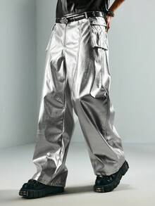 ROMWE MEN Street Life Men's Shiny PU Leather Zip Front Wide Leg Pants - Silver - View 6