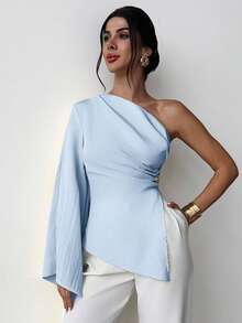 Firerie Áo kiểu nữ thanh lịch, thời trang mới, thích hợp mặc đi biển, nghỉ mát, đi chơi, tay dài lệch vai, xếp ly, đính kim loại, màu trắng. - Màu xanh nhạt - Xem 7