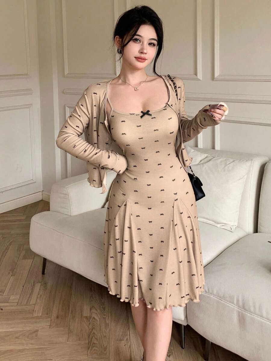 Feyla 2 件套蝴蝶结印花上衣搭配女士连衣裙套装，度假两件套，女士夏装，毕业装，蜜月装 - 卡其色 - 查看 1