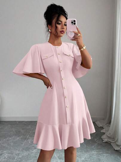 Elenzga Elegant Short Dress With Single-Breasted, Ruffle Sleeve Design And Hem Patchwork