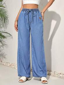 Women's Casual Everyday Cowboy Jeans With Drawstring Waist And Embroidered Accents - Medium Wash - View 1