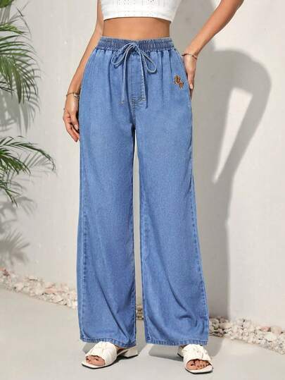 Vivid Eden Women's Casual Everyday Cowboy Jeans With Drawstring Waist And Embroidered Accents