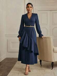 Anewsta Elegant Women's Double Ruffle Hem V-Neck Patchwork Dress - Navy Blue - View 7