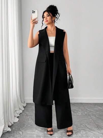 Elenzga Plus Size Women's Popular Black Solid Color Elegant Lapel Sleeveless Long Suit Set, Sleeveless Long Suit Jacket + Suit Pants Two Pieces, Suitable For Daily Commute And Versatile Styling