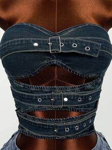 Mistrie 女士时尚街头风性感搭扣镂空露脐牛仔上衣，夏季 - 黑色 - 查看 5