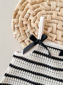 Playful Pals 两件套女婴无袖条纹针织提花吊带背心+松紧腰短裤休闲可爱套装，适合夏季外出或度假 - 杏色 - 查看 7