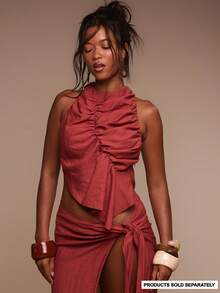 Musera Resort Áo khoác ngoài đi biển bằng vải lanh, cổ cao, buộc dây, lưng thấp, chỉ gồm áo bơi, thích hợp cho kỳ nghỉ hè, du lịch, đồ đi biển Terra Sol mùa xuân - Màu Đỏ Sâu - Xem 1