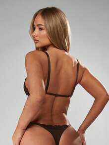 MISSGUIDED 蕾丝边三角文胸丁字裤内衣套装，可调节肩带，深V领口，女士贴身内衣 - 棕色 - 查看 2