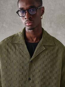 SUMWON Camicia a maniche corte con colletto alla coreana, in tessuto seersucker strutturato, vestibilità crop, con vestibilità rilassata e oversize, adatta per l'estate e il tempo libero - Verde - Visualizzare 5