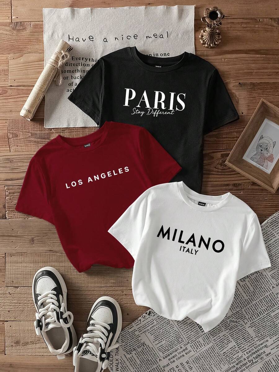 SHEIN EZwear 3件套休闲简约图案圆领短袖修身露脐女式T恤，带英文印花 - 彩色 - 查看 1