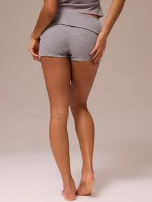 MUSERA ESSENTIALS Rib Fold Over Waist Mini Shorts Basic Summer Vacation Holiday   Elegant Spring Everyday - Grey - View 2