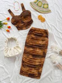 Soleia Conjunto de top de tirantes con estampado floral y minifalda plisada para mujer de talla grande, estilo vacacional de playa, atuendos de primavera y verano para mujeres, estilo bohemio para festivales de música al aire libre - Marrón - Ver 4