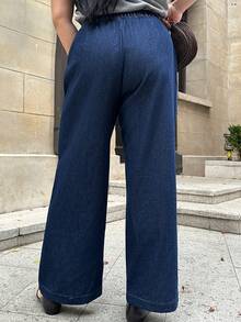 Dazy Plus Washed Dark Blue High Waist Double-Breasted Loose Straight Leg Long Jeans, Elegant For Commuting