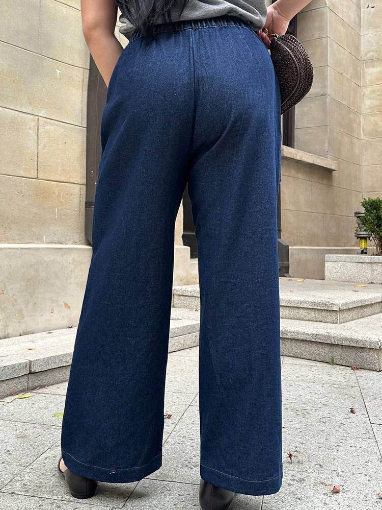 Dazy Plus Washed Dark Blue High Waist Double-Breasted Loose Straight Leg Long Jeans, Elegant For Commuting