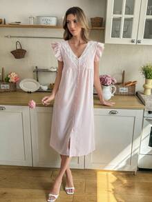 Snug Reverie Textured Jacquard Pom Pom Contrast Color Lace Patchwork V-Neck Ruffle Sleeve Single-Breasted Long Nightgown - Baby Pink - View 5