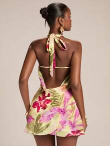 SHEIN BAE Women's Yellow Base Tropical Floral Print Halter Tie Back A-Line Mini Dress, Spring/Summer - Yellow - View 2