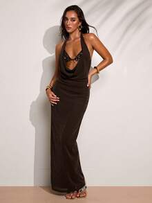 SHEIN BAE 女士性感深V露背吊带连衣裙，夏季款，这款棕色亮片二合一连衣裙非常适合浪漫约会、派对、正式聚会、生日礼服、海滩度假、海滩派对和日常出行。（夏季、春季、派对、海滩、度假、夏季度假装、假日）、夏季连衣裙 - 棕色 - 查看 6