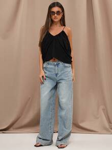 SHEIN BAE Top casual sin mangas con cuello en V negro, diseño drapeado, bajo fruncido, top sexy, adecuado para salidas y citas, primavera/verano - Negro - Ver 3