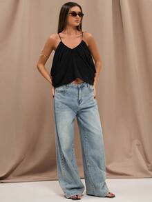 SHEIN BAE Top casual sin mangas con cuello en V negro, diseño drapeado, bajo fruncido, top sexy, adecuado para salidas y citas, primavera/verano - Negro - Ver 4