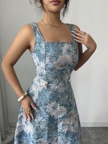 Elenzga 女士夏季方领碎花吊带连衣裙，收腰A字飘逸连衣裙，适合日常出行和度假。 - 彩色 - 查看 3