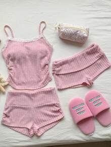 CovetEZ Women's 3-Piece Pink Summer Cute Lace Lounge Set,Sweet Corduroy Camisole,Gathered Shorts & Double-Waisted Leggings,Casual Comfy Vacay Clothing - Pink - View 1