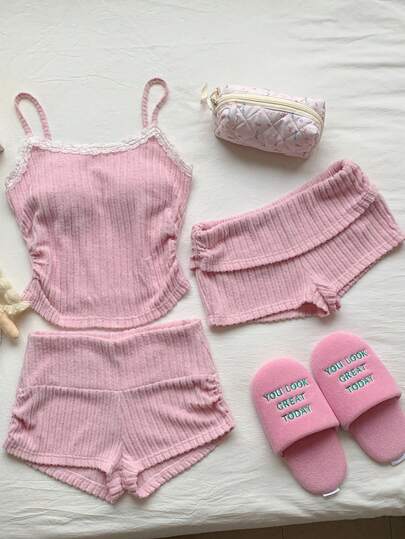 CovetEZ 2件套 女士休闲粉色吊带背心和短裤