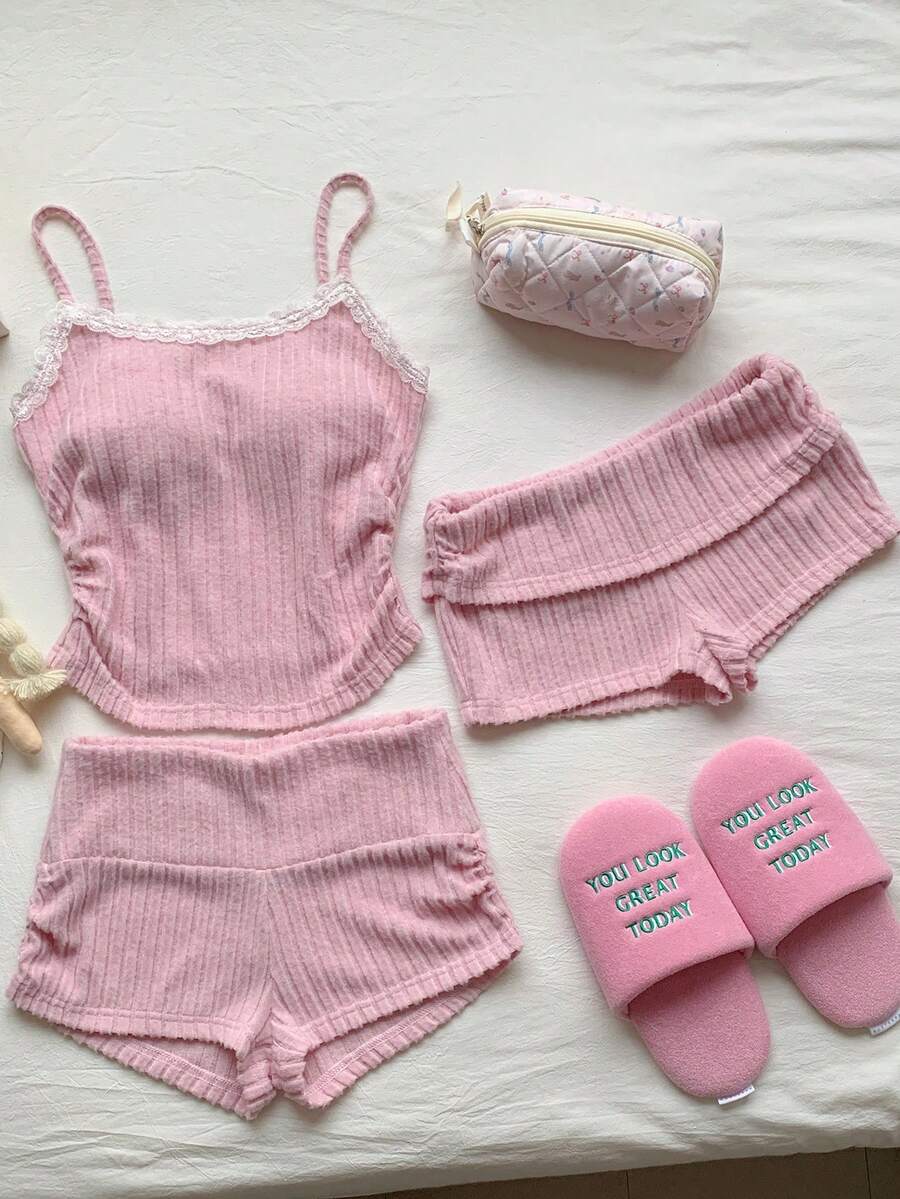 CovetEZ Women's 3-Piece Pink Summer Cute Lace Lounge Set,Sweet Corduroy Camisole,Gathered Shorts & Double-Waisted Leggings,Casual Comfy Vacay Clothing - Pink - View 1