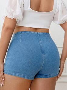 SHEIN ICON Gonna pantalone in denim casual con vita alta e doppia fenditura sul fondo, taglie comode - Lavaggio chiaro - Visualizzare 2