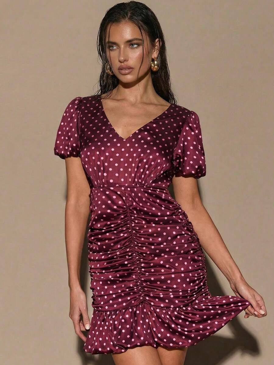 SHEIN BAE Women's Polka Dot Print Ruffle Elegant Short Sleeve Dress - Burgundy - View 1